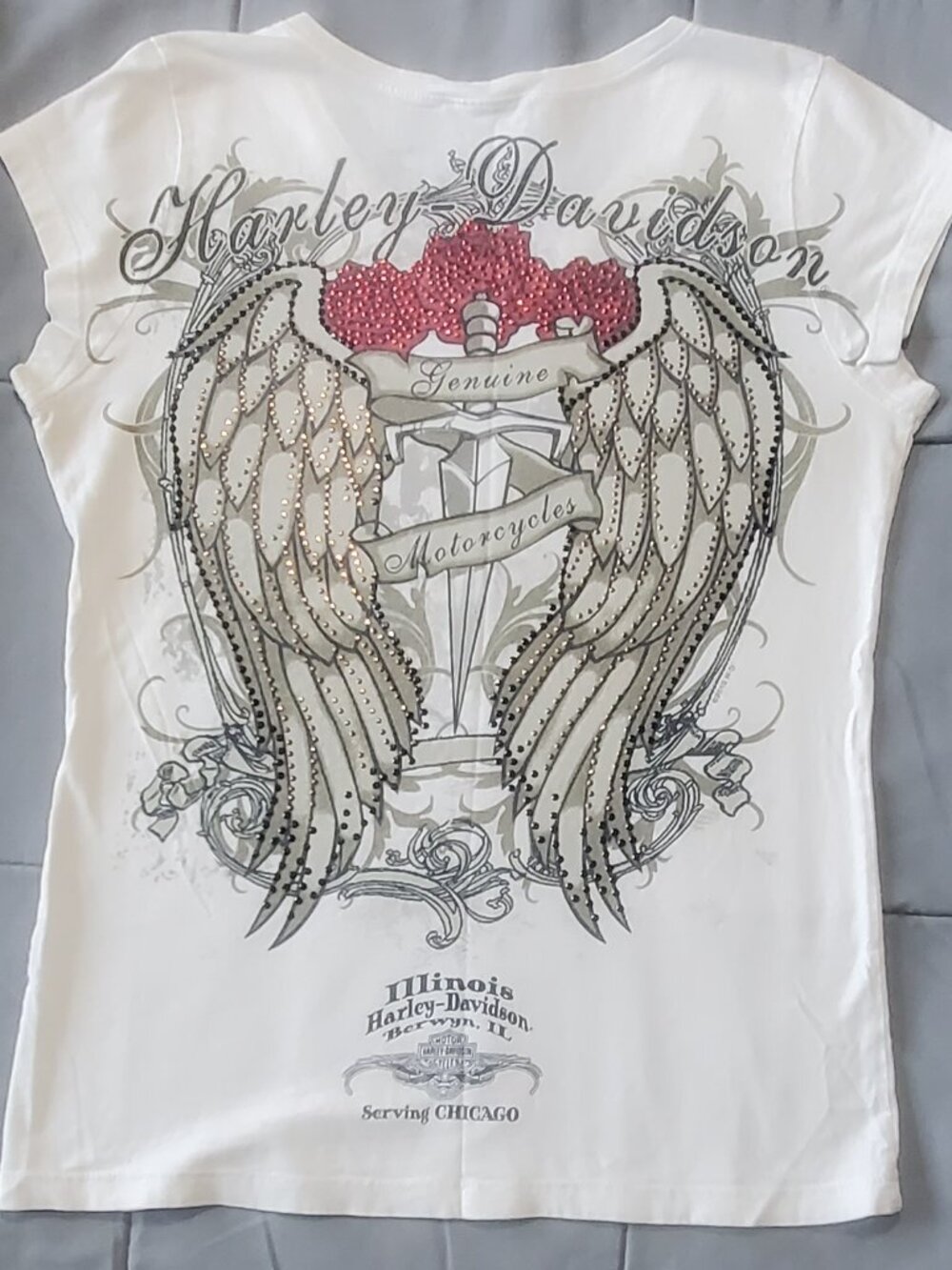 Harley Davidson Vintage Women's Bling V-Neck embellish T  Illinois Harley *read
